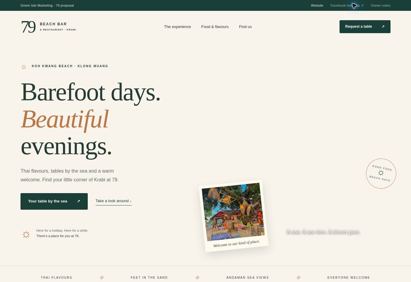 79 Beach Bar website proposal with beach photography and a table-request button