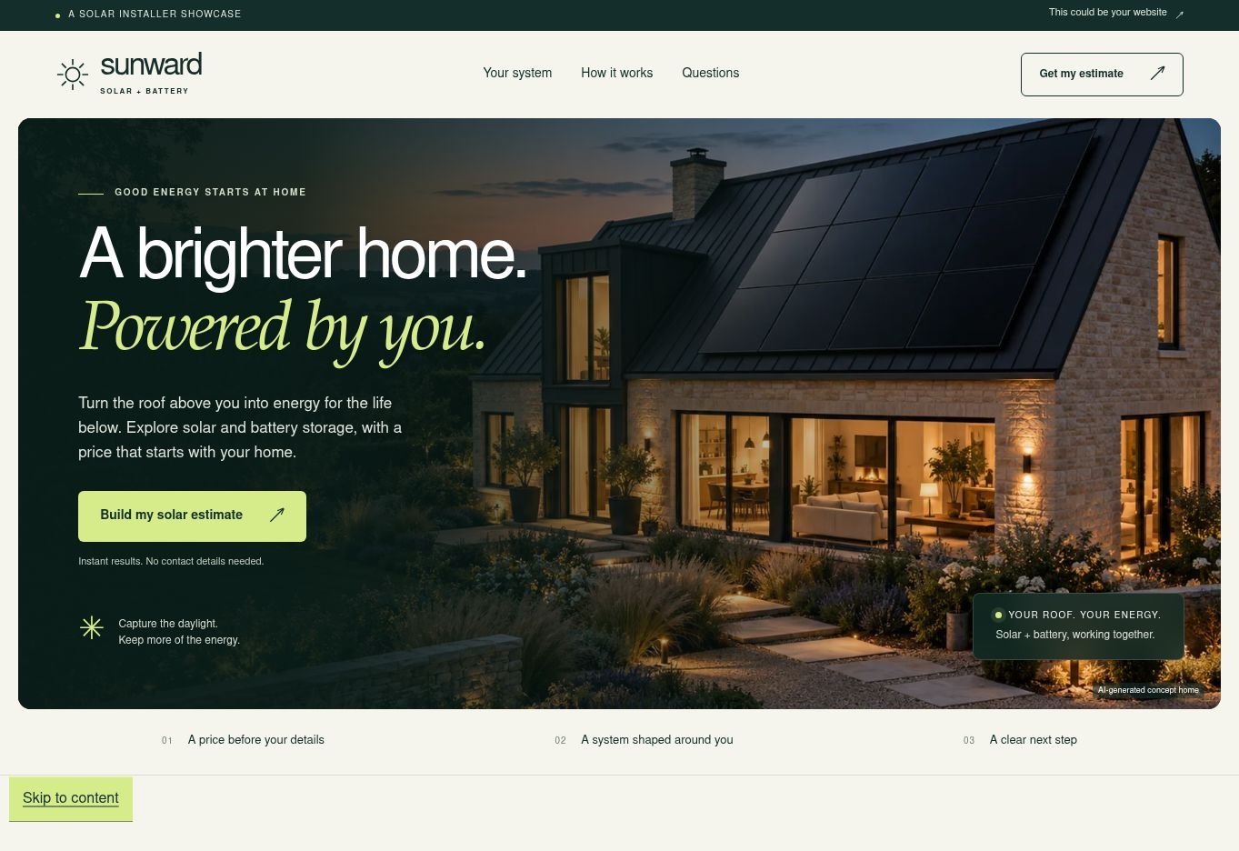 Sunward solar website demonstration with a home and rooftop solar panels